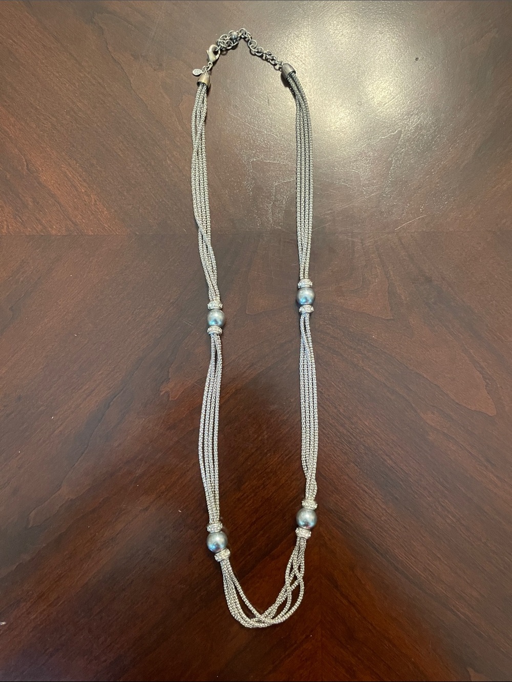 Silver-Colored Rope Necklace with Dusty Blue and Rhinestone Beads